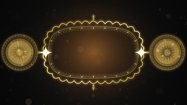 Luxurious motion graphic featuring an empty golden decorative border frame with rotating mandala patterns and glowing star particles against a dark elegant background.