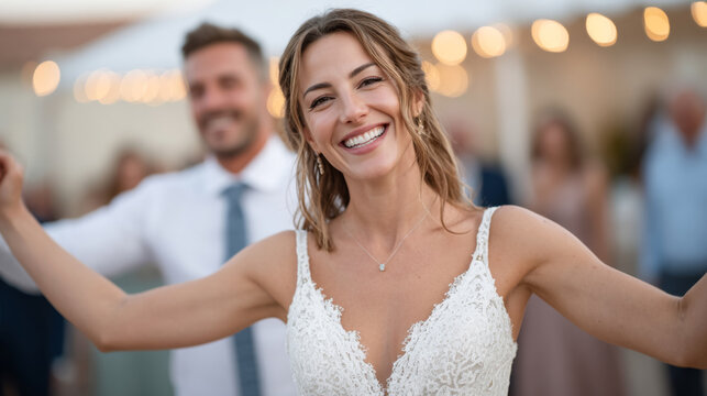 Joyful caucasian bride smiling at outdoor wedding celebration