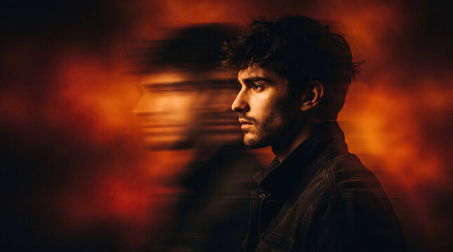 Motion-blur fashion portrait of young man with dark messy hair in profile view against intense amber and crimson-red gradient backdrop. Slow shutter technique.