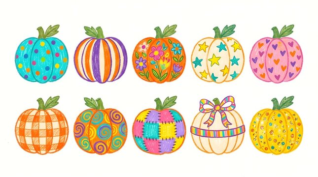 Set of cute decorative pumpkins with various patterns and colors isolated on white background