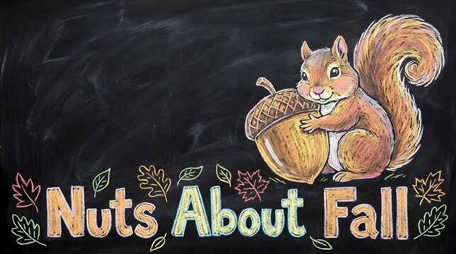 Chalkboard drawing of a cute squirrel hugging a large acorn with the text nuts about fall and autumn leaves