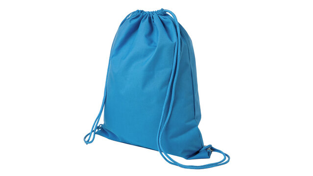 Blue nylon drawstring backpack sports bag mockup isolated on transparent background