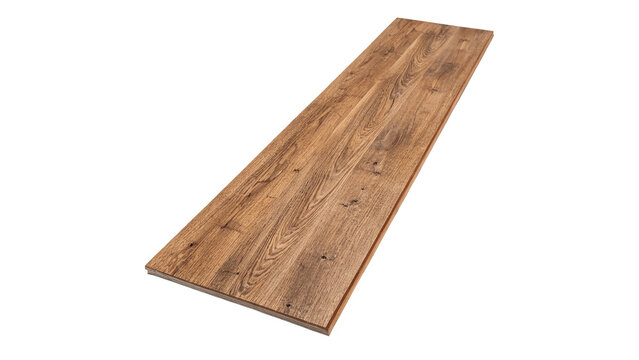 Single rectangular brown wooden plank laminate flooring board isolated on transparent background