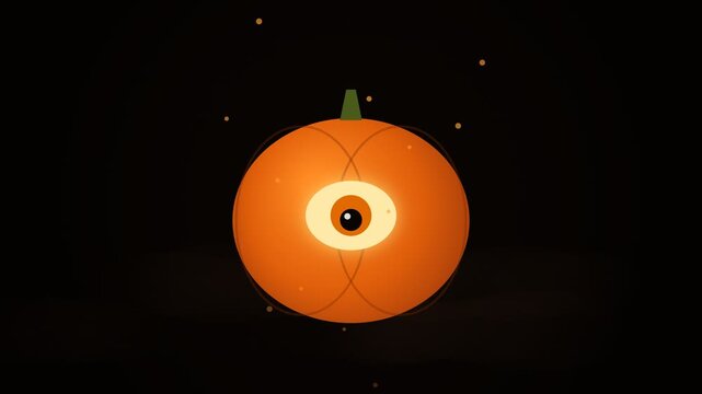 Animated Halloween pumpkin cyclops with single glowing eyeball looking around on dark background with floating particles
