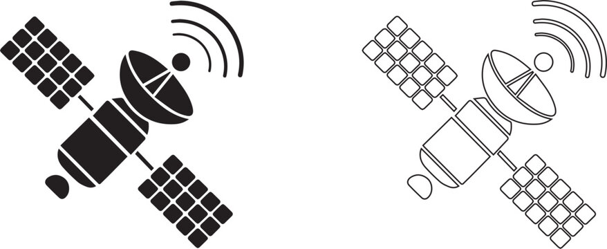 Satellite silhouette icon , orbiting Earth symbols, space technology, communication satellite, aerospace vector