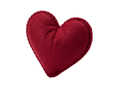 Soft red felt heart shape, handcrafted with stitched edges, representing love and affection, suitable for decorations or crafts.