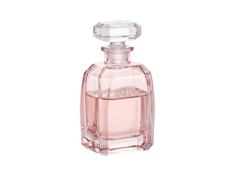 Clear glass perfume bottle with ornate stopper filled with light pink liquid for fragrance and beauty products.