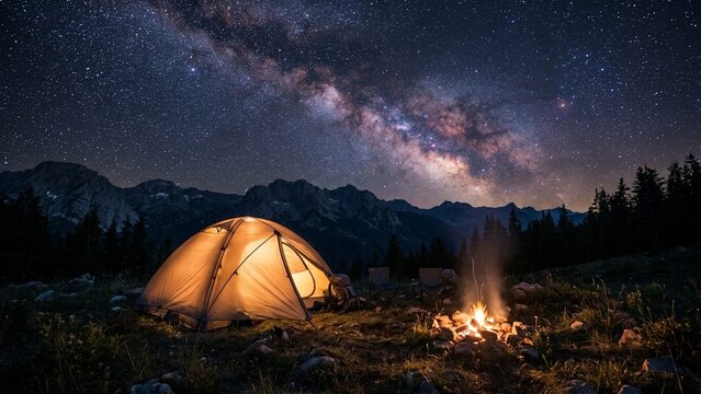 Tent in the wilderness under milky way, adventure and nature exploration
