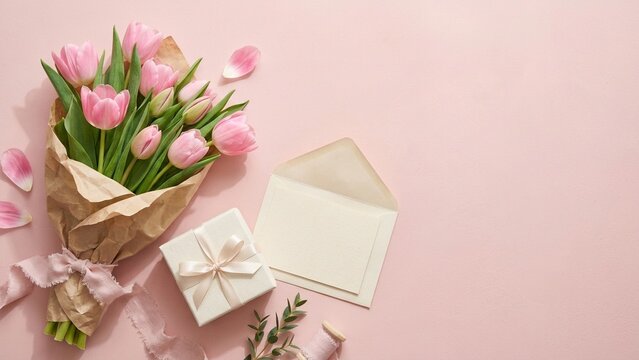 Fresh tulip flowers and gift box, Valentine's, Women's Day or birthday surprise