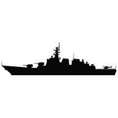 Modern warship silhouette with helicopter on deck for advanced naval defense illustrations. © MSTSHAHANARA