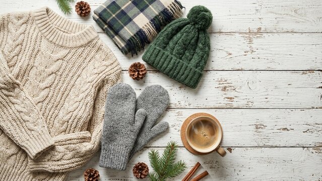 Warm knitwear and winter accessories on wooden background, top view
