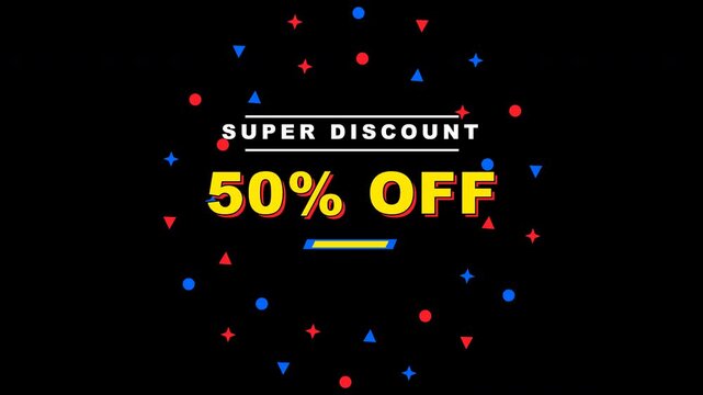 Mega discount big sale labels with 50 percent off on black background. 4k