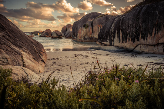 View of Elephant Rocks with large granite boulders, sandy beach, and coastal vegetation under a golden hour sky in William Bay, Western Australia, Australia.