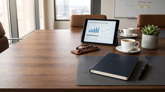 Executive boardroom table with tablet showing growth charts