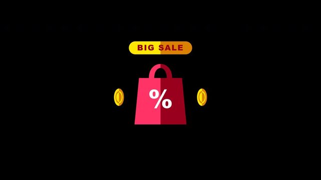 Mega discount big sale shopping bags animation on black background. 4k