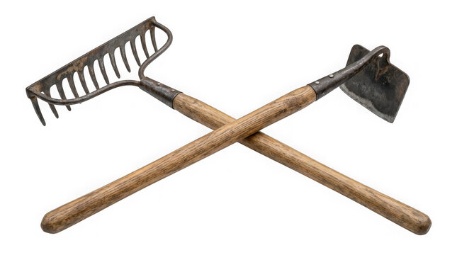 Old garden rake and hoe crossed isolated on transparent background
