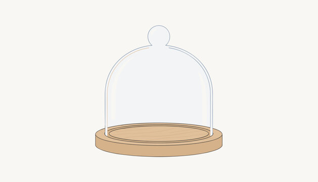 Minimalist illustration of a clear glass dome or cloche with a round handle sitting on a round wooden display base.