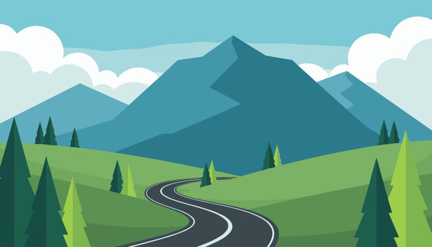 Landscape illustration of a long winding asphalt road through rolling green hills with majestic blue mountains and white clouds.