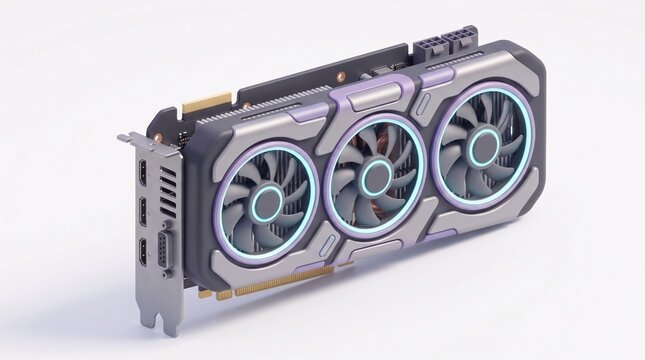 High-Performance Graphics Card with Triple Cooling Fans and LED Lighting for Gaming PC, 3D Render of Modern GPU Hardware on White Background