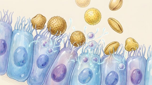 Immune system cells with pollen allergens attacking human body causing allergic reaction.