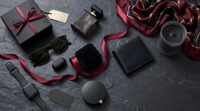 Black friday gift set with luxury accessories and perfume on dark stone background flat lay