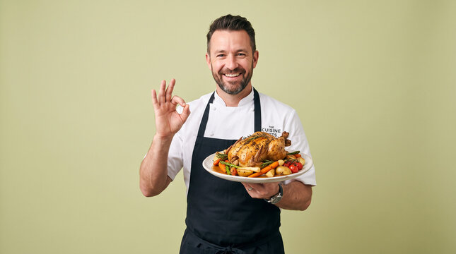 Happy professional male chef holding whole roasted chicken dish showing ok sign.