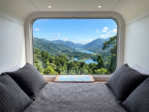 Cozy window seat with gray cushions and pillows overlooking green mountains and lake valley, scenic train cabin view, travel relaxation, nature getaway, peaceful retreat concept