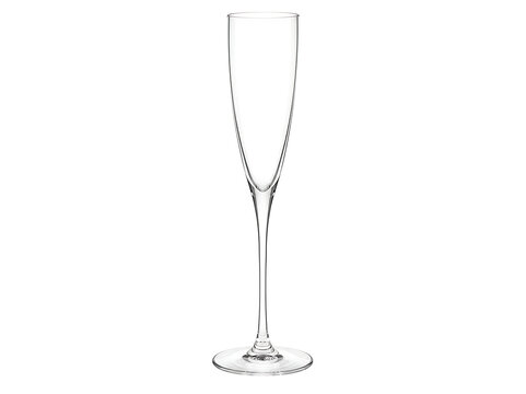 An empty, tall champagne flute glass, reflecting light, perfect for celebrations and events on a transparent b