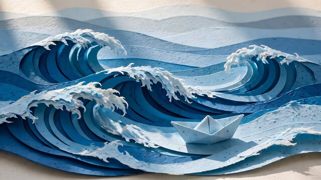 Layered paper cut ocean waves with paper boat in shades of blue