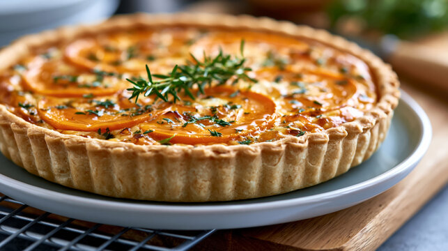 Savory tomato tart with fresh herbs and flaky crust on plate