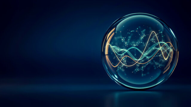 A 3D render of a glowing futuristic glass sphere containing abstract digital waves and particles against dark background