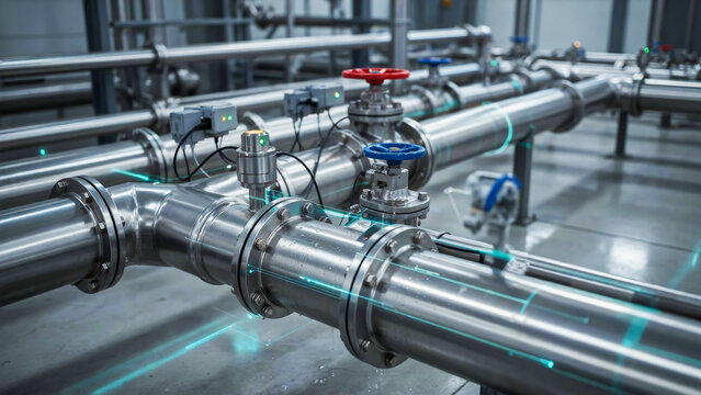 A photograph of a modern industrial facility showcasing complex stainless steel piping systems with valves and digital sensors