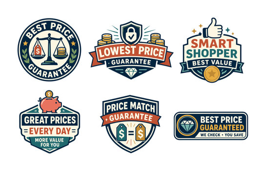 Best price and lowest cost guarantee vintage badges set: vector shopping emblems, balance scale, piggy bank, shield lock, and diamond stickers   