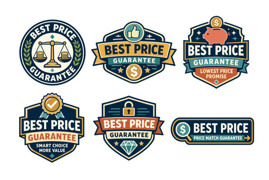 Best price guarantee and lowest cost vintage badges set: vector retail shopping emblems, balance scale, piggy bank, medal, lock, and diamond stickers