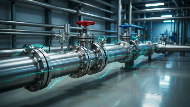 Industrial stainless steel piping system with valves and digital data flow technology overlays in a modern factory setting