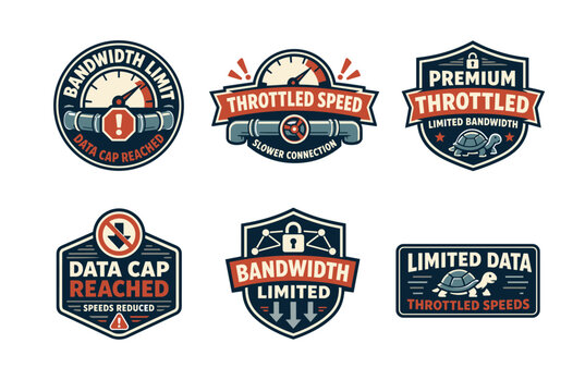 Bandwidth limit and throttled speed vintage badges set: vector data cap reached emblems, slow turtle, speed meter gauge, pipe valve, and network traffic stickers