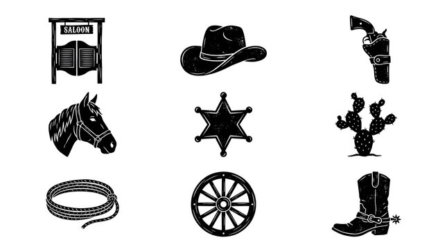 Wild West Cowboy Icons Set &ndash; Saloon, Sheriff Badge, Cowboy Hat, Boots and Western Silhouettes