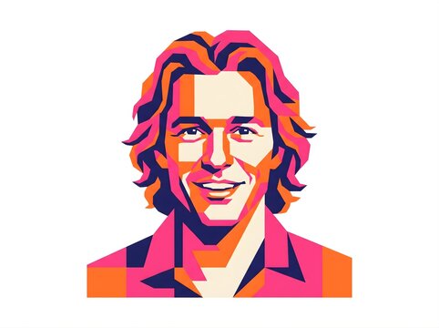 Colorful WPAP Pop Art Vector Illustration of a Smiling Young Man with Long Wavy Hair Isolated on White Background