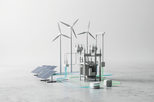 3D illustration of renewable energy concept with solar panels wind turbines and electrical substation on white background