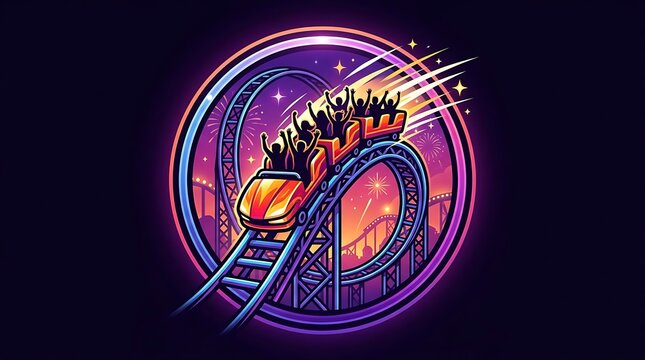 Rollercoaster with riders and colorful fireworks at night