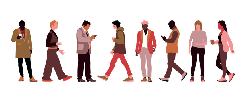 Set of elegant people walking, strolling, and standing and wearing smart casual outfit. Collection of handsome male and female characters different races, body types. Vector handmade illustration.