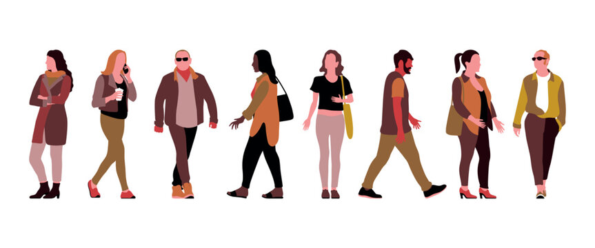 Set of elegant people walking, strolling, and standing and wearing smart casual outfit. Collection of handsome male and female characters different races, body types. Vector handmade illustration.