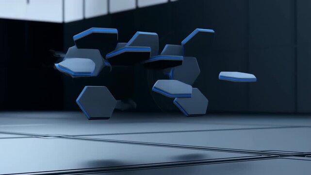 60 FPS Futuristic hexagonal modules assemble into robotic arm in dark sci fi hangar interior