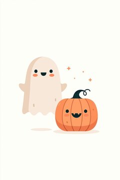 Flat illustration of a cute ghost and pumpkin duo in a playful Halloween mood. The artwork features an orange, beige, and black color palette on a white background, ideal for print ready designs.