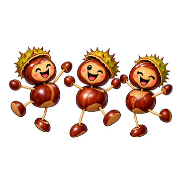 Drei fr&ouml;hliche Kastanienfiguren mit lachenden Gesichtern, Armen und Beinen tanzen ausgelassen mit ihren stacheligen Kastanienh&uuml;llen. Niedliche Herbstillustration auf wei&szlig;em Hintergrund.