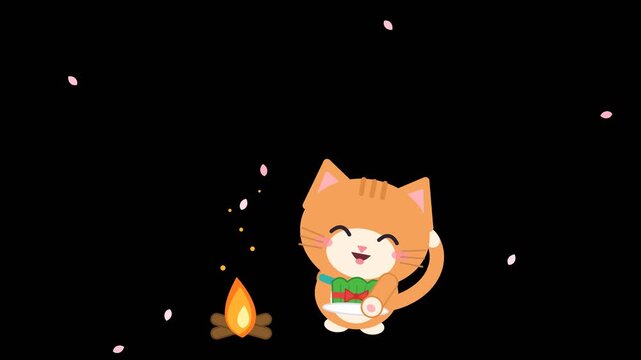 Cute orange kitten holding samani wheatgrass beside a Novruz bonfire, cartoon cat character seamless loop animation, transparent background