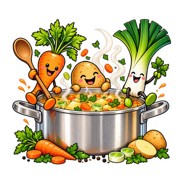 Fr&ouml;hliche Karotte, Kartoffel und Lauch mit niedlichen Gesichtern kochen gemeinsam eine dampfende Gem&uuml;sesuppe im gro&szlig;en Kochtopf. Farbenfrohe, humorvolle Illustration auf wei&szlig;em Hintergrund.