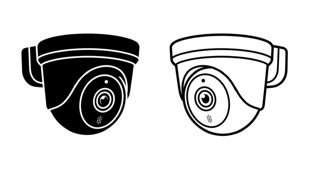 vector Security CCTV dome camera vector icon set in filled black and line art style isolated on white background
