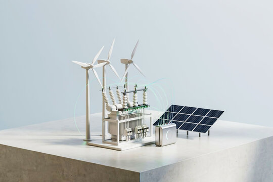 A 3D render of a modern green energy system model featuring wind turbines, solar panels, and a power substation on a clean surface