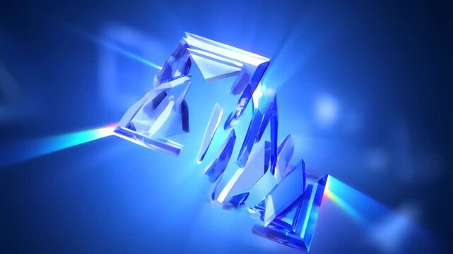 60 FPS Blue light burst pulls floating glass shards into beveled rectangular crystal frame
